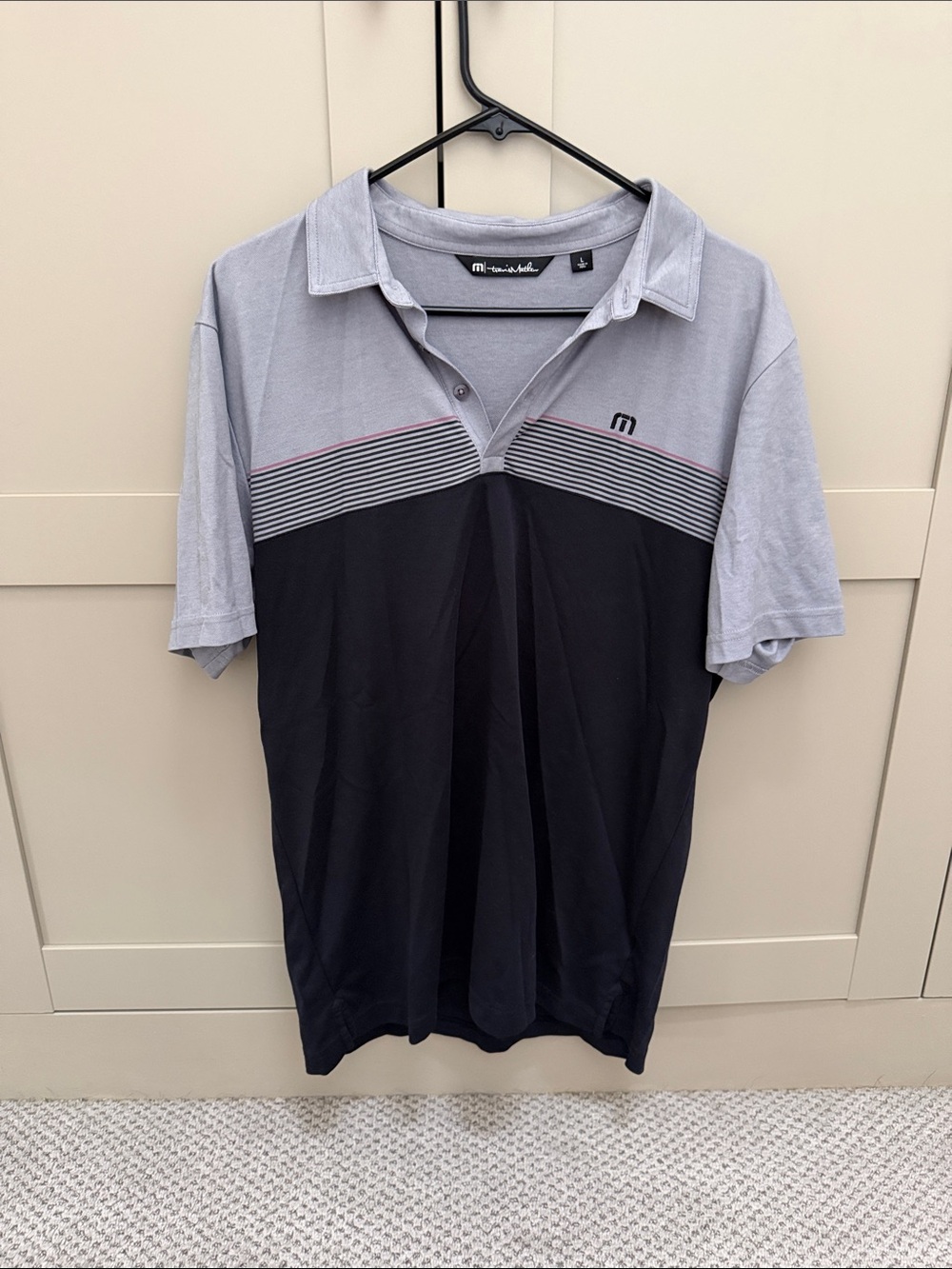 Travis Mathew Two-Tone Gray and Black Polo with Stripe Detail